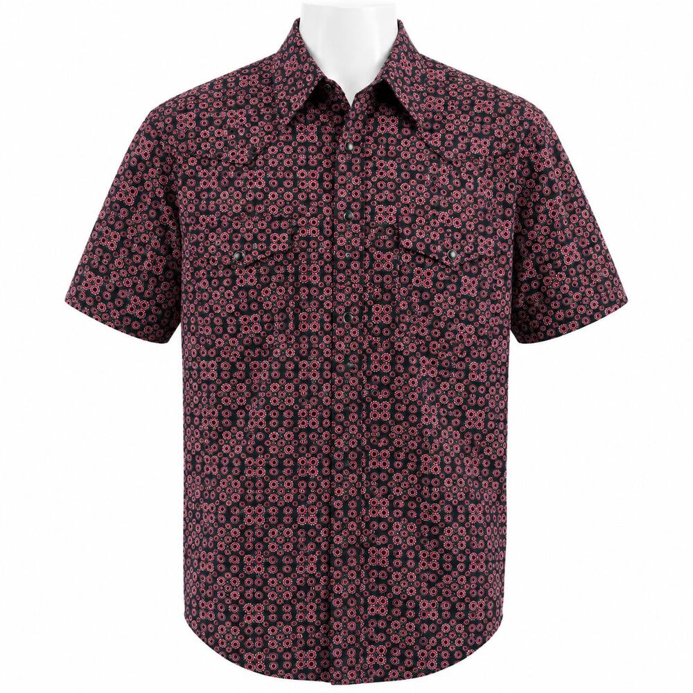Rodeo Clothing Western Snap Shirt Black Red Geo Print Pearl Snaps Mens L